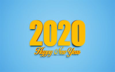 Happy New Year 2020, blue 2020 background, yellow 3d letters, 2020 3d background, creative art, 2020 concepts, 2020 New Year