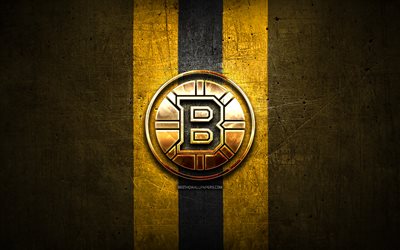 Boston Bruins, golden logo, NHL, yellow metal background, american hockey team, National Hockey League, Boston Bruins logo, hockey, USA