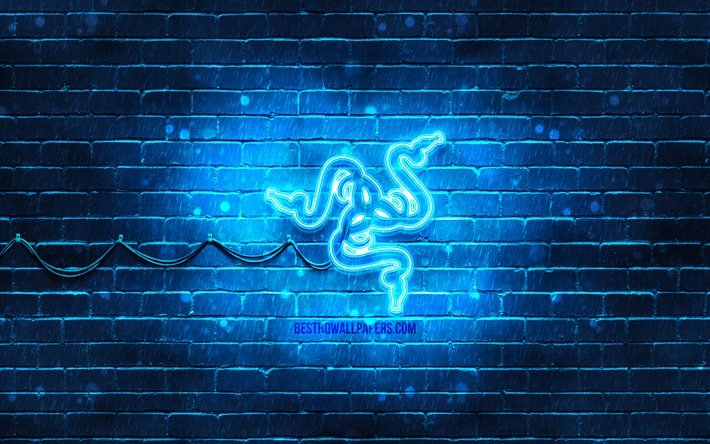 Razer青色のロゴ, 4k, 青brickwall, Razerのロゴ, 創造, Razerネオンのロゴ, Razer