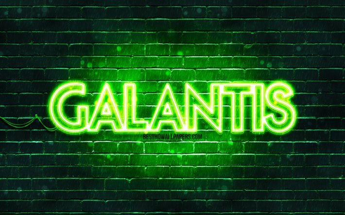 Galantis緑のロゴ, 4k, スーパースター, スウェーデンのDJ, 緑のブリックウォール, Galantisロゴ, クリスチャン・カールソン, ライナス・エクロウ, ガランティス, 音楽スター, Galantisネオンロゴ