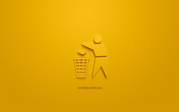 Garbage 3d icon, gul bakgrund, 3d symboler, Garbage dump location, creative 3d art, 3d icons, Garbage sign, Information 3d icons