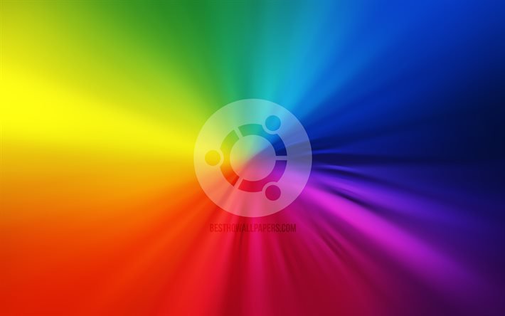 Ubuntu logo, 4k, vortex, Linux, rainbow backgrounds, creative, operating systems, artwork, Ubuntu