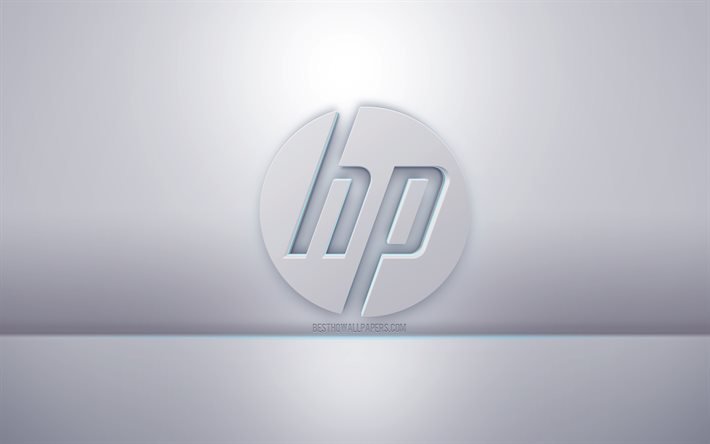 HP: n valkoinen valkoinen logo, harmaa tausta, HP-logo, luova 3D-taide, Hewlett-Packard, 3D-tunnus