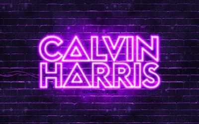 Calvin Harris menekşe logosu, 4k, s&#252;per yıldızlar, İsko&#231; DJ&#39;leri, menekşe brickwall, Calvin Harris logosu, Adam Richard Wiles, Calvin Harris, m&#252;zik yıldızları, Calvin Harris neon logosu