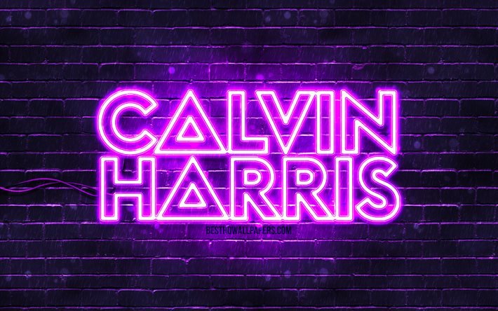 Calvin Harris violetti logo, 4k, supert&#228;hdet, skotlantilaiset DJ: t, violetti tiilisein&#228;, Calvin Harris -logo, Adam Richard Wiles, Calvin Harris, musiikkit&#228;hdet, Calvin Harris neonlogo