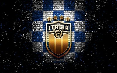 Italian football team, glitter logo, UEFA, Europe, blue white checkered background, mosaic art, soccer, Italy National Football Team, FIGC logo, football, Italy