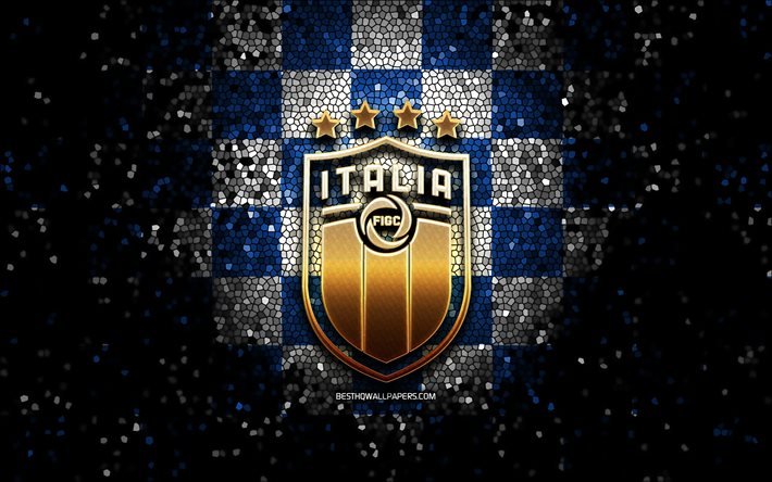 Squadra di calcio italiana, logo glitter, UEFA, Europa, sfondo a scacchi bianco blu, arte del mosaico, calcio, squadra nazionale di calcio italiana, logo FIGC, Italia