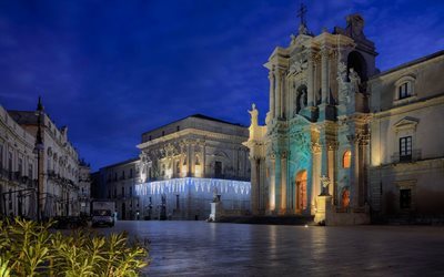 Evening, Square, Syracuse, Italy, Cathedral, Sicily, Duomo di Siracusa
