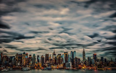 Manhattan, New York, grattacieli, sera, citt&#224;, nubi, new york, USA, America