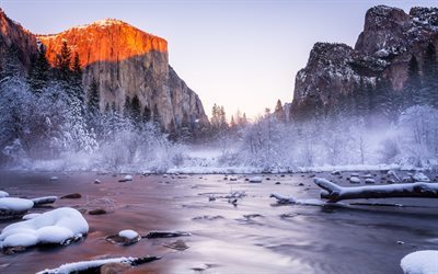 Yosemite Ulusal Parkı, nehir, kış, Amerika, orman, dağlar, ABD