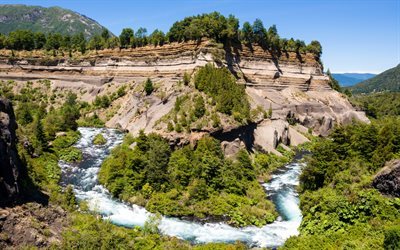 dağ nehir, kayalar, yaz, orman, Şili, Conguillio Milli Parkı
