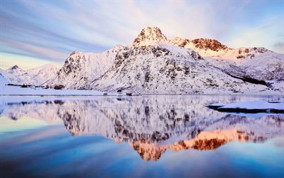 Flakstadoya Fjord, kış, dağlar, yansıma, Norve&#231;