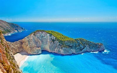 Zakynthos, 4k, beach, klippor, havet, sommar, Grekland