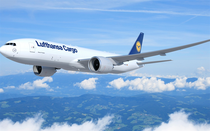 Boeing B-777, Freight aircraft, cargo transportation, aircraft in the sky, Lufthansa