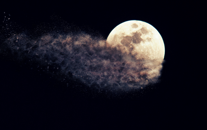 lua, 4k, montanhas, noite, c&#233;u, nuvens