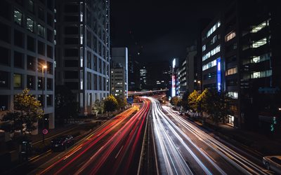 Minato, traffic lights, nightscapes, roads, Tokyo, Japan