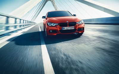 BMW 3-series, 2018, new m3, front view, bridge, traffic, speed, red sedan m3, German cars, bmw