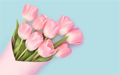 tulipas cor-de-rosa, flores da primavera, primavera, buqu&#234; de tulipas