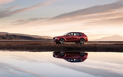 Bentley Bentayga, 4k, 2018 autoja, lake, offroad, punainen Bentayga, luksusautojen, Bentley