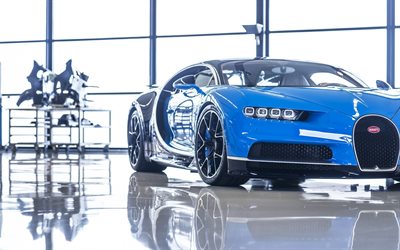 Bugatti Chiron, 2018, W16, hypercar, coches de lujo, Azul, Negro Quir&#243;n, VAG, Bugatti