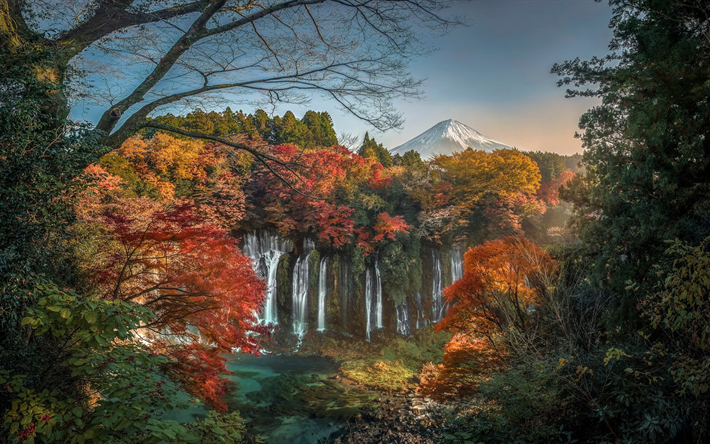 Shiraito Falls, bellissima cascata, Giappone, Fuji, stratovulcano attivo, montagna, paesaggio, Prefettura di Shizuoka