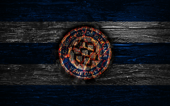 Mineros de Guayana FC, yangın logo, UEFA FutVe, mavi ve beyaz &#231;izgiler, Venezuela Futbol Kul&#252;b&#252;, grunge, Venez&#252;ella, Lig, futbol, Mineros de Guayana logo, ahşap doku, Venezuela