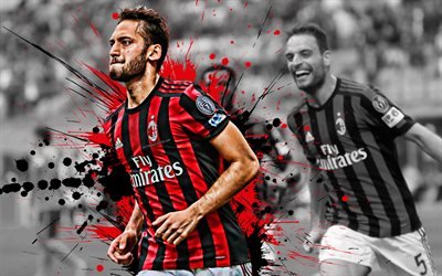 Hakan Calhanoglu, 4k, Turkish football player, AC Milan, midfielder, red-black paint splashes, creative art, Serie A, Italy, football, grunge, Calhanoglu