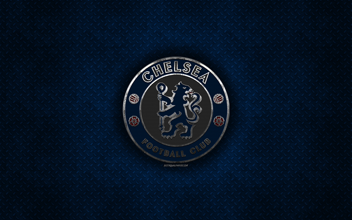 Le Chelsea FC, club de football anglais, bleu m&#233;tal, texture, en m&#233;tal, logo, embl&#232;me, Londres, Angleterre, Premier League, art cr&#233;atif, football