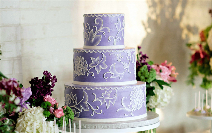 ウェディングケーキ, 紫の大きなケーキ, 結婚式の概念, ケーキ