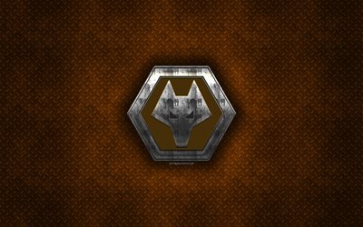 wolverhampton wanderers fc-wolves fc, englischer fu&#223;ball-club, orange metall textur -, metall-logo, emblem, wolverhampton, england, premier league, kunst, fu&#223;ball