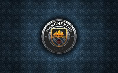 O Manchester City FC, Clube de futebol ingl&#234;s, azul textura do metal, logotipo do metal, emblema, Manchester, Inglaterra, Premier League, arte criativa, futebol