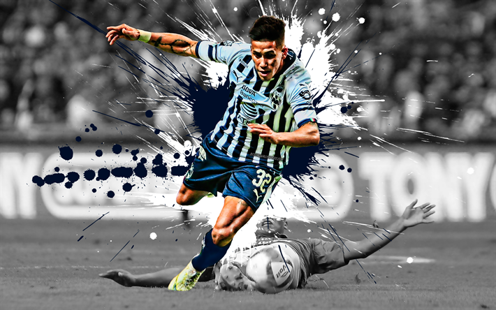 Maximiliano Meza, 4k, Argentine football player, CF Monterrey, midfielder, blue white paint splashes, creative art, Mexico, football, grunge