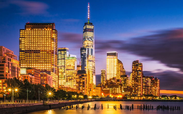 世界貿易センター1, ニューヨーク, 高層ビル群, 街の灯, 夕日, 夜, 米国, マンハッタン