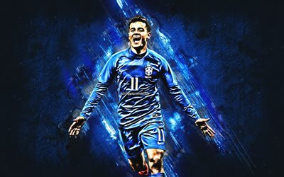 Philippe Coutinho, mavi taş, Brezilya Milli Futbol Takımı, sevin&#231;, futbol, Brezilyalı futbolcular, grunge, Brezilya, Coutinho