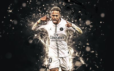 Neymar JR, vit uniform, brasiliansk fotbollsspelare, PSG, Liga 1, fotboll stj&#228;rnor, Paris Saint-Germain, neon lights, Neymar, fotboll