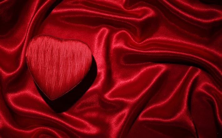cora&#231;&#227;o vermelho em tecido de seda, textura de seda vermelha, Dia dos Namorados, 14 de fevereiro, conceitos de amor, fundo de amor