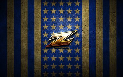 Akron Zips flag, NCAA, blue brown metal background, american football team, Akron Zips logo, USA, american football, golden logo, Akron Zips