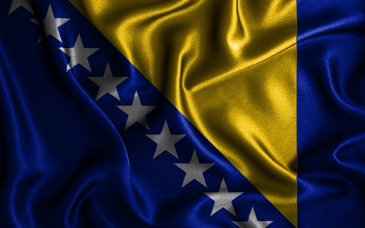 Bandiera bosniaca, 4k, bandiere sventolate di seta, paesi europei, simboli nazionali, Bandiera della Bosnia-Erzegovina, bandiere di tessuto, bandiera della Bosnia-Erzegovina, arte 3D, Bosnia-Erzegovina, Europa, Bosnia-Erzegovina bandiera 3D