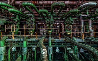 abandoned factory, 4K, cooling system, rusty pipes, plant, pipelines, grunge