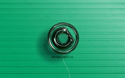 Logo 3D Nicky Romero, 4K, palloncini realistici verde scuro, Nick Rotteveel, logo Nicky Romero, DJ olandesi, sfondi in legno verde, Nicky Romero