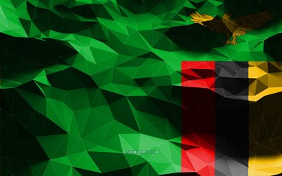 4k, Zambian flag, low poly art, African countries, national symbols, Flag of Zambia, 3D flags, Zambia, Africa, Zambia 3D flag, Zambia flag