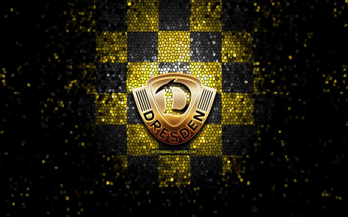 Dynamo Dresden FC, logo glitter, Bundesliga 2, sfondo a scacchi nero giallo, calcio, squadra di calcio tedesca, logo Dynamo Dresden, arte del mosaico, SG Dynamo Dresden