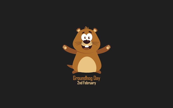 Happy Groundhog Day, minimalism art, gray background, February 2, USA, Canada, Groundhog Day