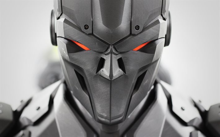 cyborg, casque en m&#233;tal, casque en acier, yeux brillants orange, robots, technologies modernes
