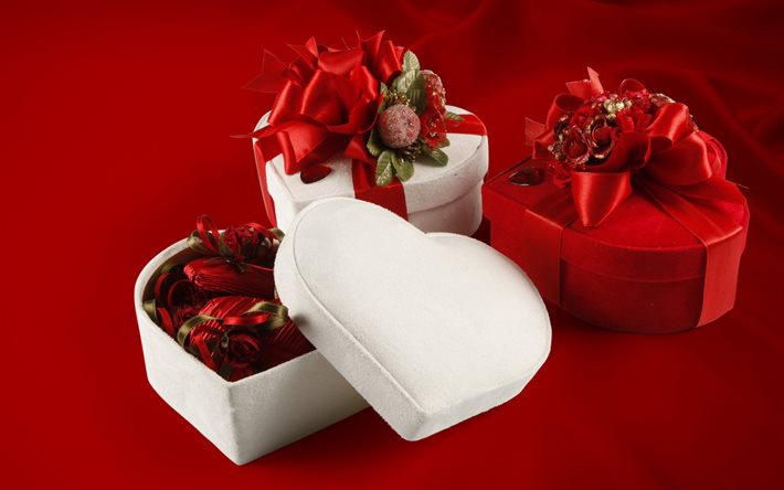 バレンタインデー, 2月14日, ハートギフトボックス, バレンタインデーのギフト, 赤い絹の弓, 白い心, 赤いハート, バレンタインデーのグリーティングカード