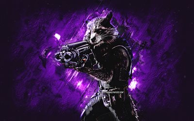 Rocket Raccoon, Marvel characters, purple stone background, Avengers characters, Guardians of the Galaxy
