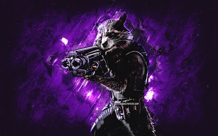 Foguete Raccoon, personagens da Marvel, fundo de pedra roxa, personagens dos Vingadores, Guardi&#245;es da Gal&#225;xia