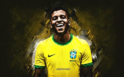 Rodrygo, Brazil national football team, portrait, yellow stone background, Brazil, football, Rodrygo Goes