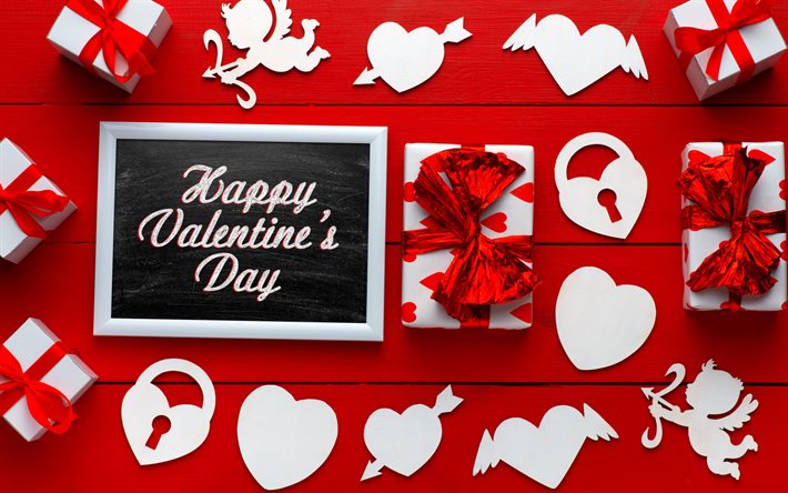 Happy Valentines day, greeting card, red background, love concepts, Valentines day gift, white gift box with red hearts
