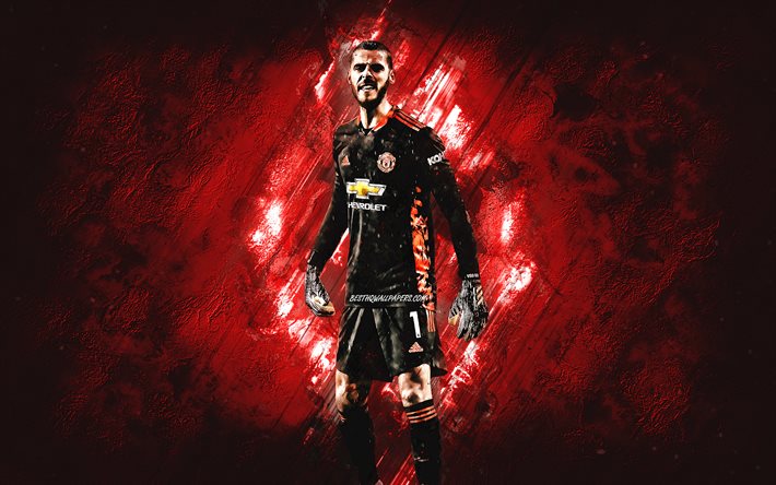 David de Gea, Spanish footballer, goalkeeper, Manchester United FC, red stone background, Premier League, England, football
